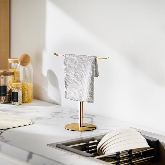 Gold Hand Towel Holder Stand – Countertop T-Shaped Stainless Steel Towel Rack with Non-Slip Base for Vanity and Kitchen