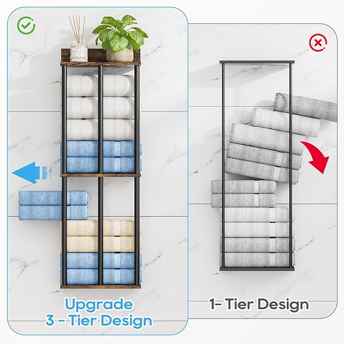 Towel Racks for Bathroom Wall Mounted with Wooden Storage Shelf, Updated 3 Bar Metal Towel Holder for Rolled Towels, Sturdy and Large Capacity, Towel Storage Organizer