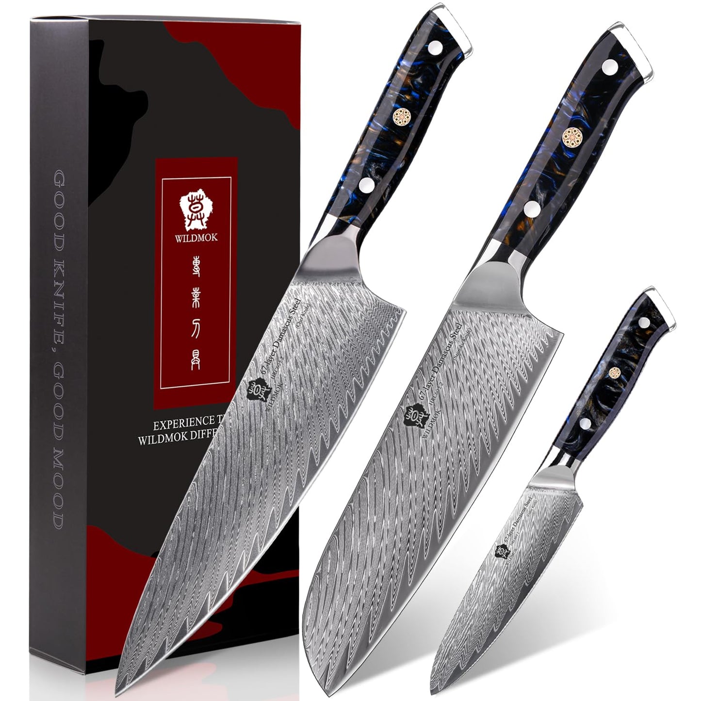 WILDMOK Damascus Kitchen Knife Set, Chef Knife Set, Sharp Damascus Steel Forged Blade Kitchen Knives Set with Ergonomic Resin Handle