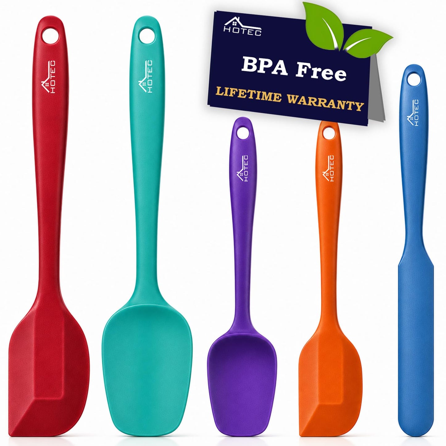 HOTEC 600℉ Heat Resistant BPA-Free Silicone Rubber Spatula Set,Kitchen Cooking Spatulas, Baking, Mixing for Non Stick Cookware, Dishwasher Safe, Set of 5 Aqua Sky