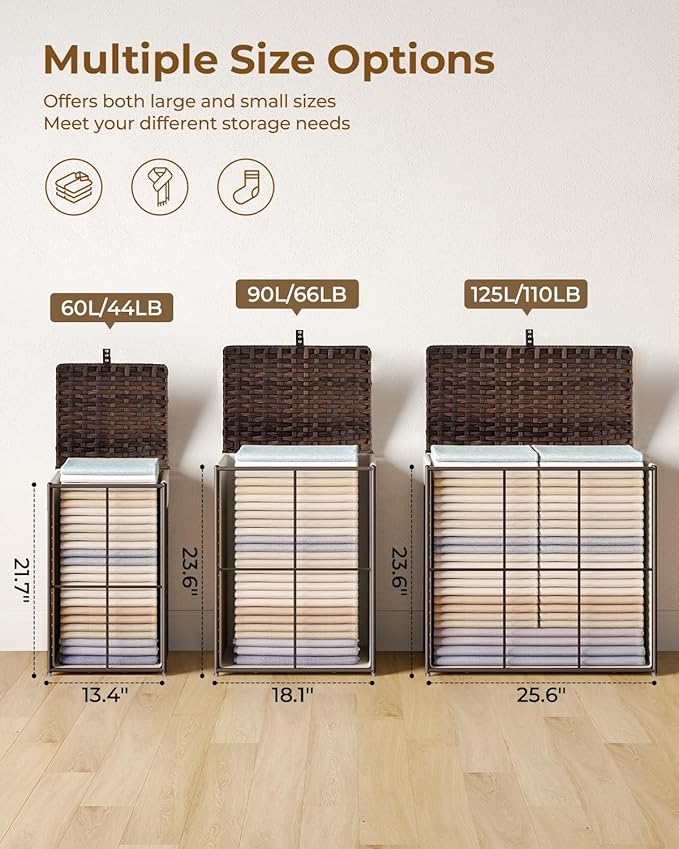 Greenstell Laundry Hamper with Lid, 60L Clothes Hamper with 2 Removable Liner Bags & 2 Mesh Laundry Bags, Handwoven Synthetic Rattan Laundry Basket for Clothes, Toys in Bathroom, Bedroom Brown