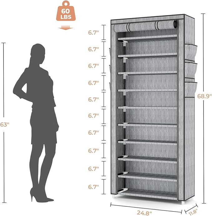 VTRIN Vertical Narrow Shoe Rack Organizer Tall Shoe Rack for Closet Entryway 10 Tier Non-Woven Cover Shoe Shelf Holds 36-41 Pairs Free Standing Shoe Storage Cabinet with Dustproof Cover, Multi Color