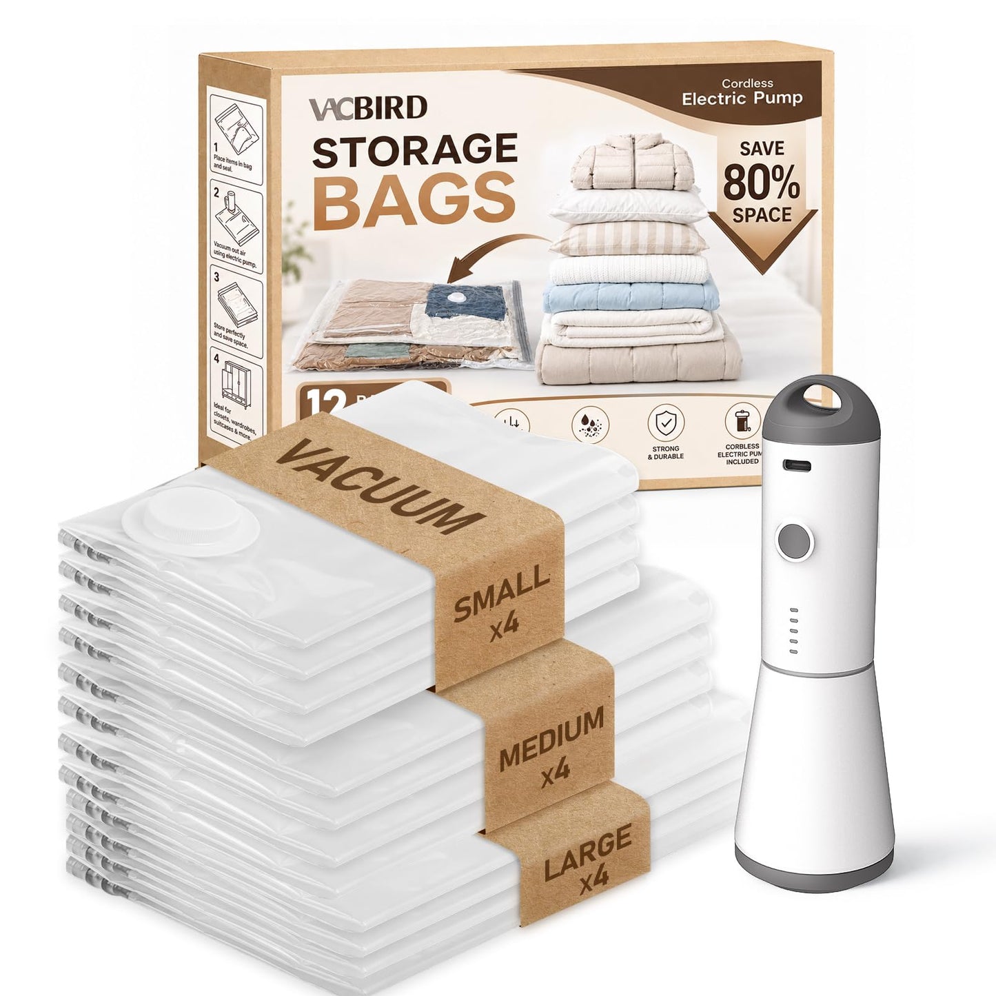 Vacbird Vacuum Seal Bags for Clothing, 20 Pack Vacuum Storage Bags with Rechargeable Cordless Air Pump(5J+5L+5M+5S), Space Saver Bags for Clothes Blanket Duvets Pillows Comforters Travel