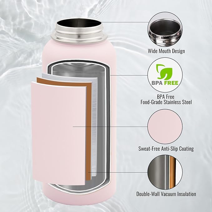 32 oz Insulated Water Bottle with Handle, 304 Stainless Steel Water Bottles with Wide Mouth, Double Wall Vacuum Sports Water Bottle, BPA Free, Keep Cold and Hot, Pink