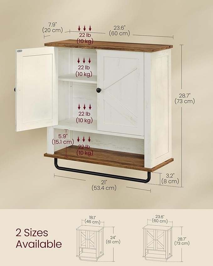 VASAGLE LIRY Collection - Bathroom Wall Cabinet, Farmhouse Wall-Mounted Medicine Storage Cabinet with 2 Barn Doors, Adjustable Shelf, Towel Bar, 7.9 x 23.6 x 28.7 Inches, Rustic White UBBK131W01S
