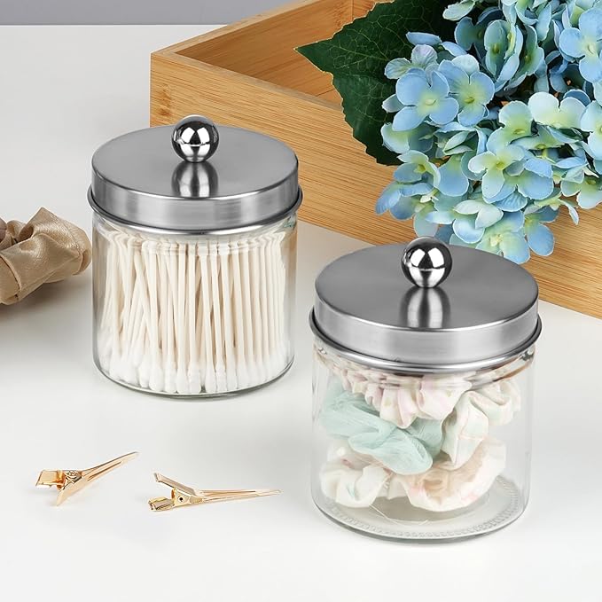 SheeChung Bathroom Organizers and Storage - 4Pack Qtip Holders Bathroom Canister Apothecary Jars for Cotton Swabs, Rounds, Balls, Qtips,Makeup Sponges, Flossers,Bath Salts - Brushed Nickel