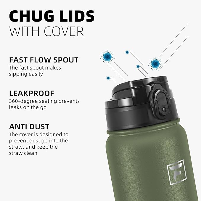 Fanhaw 32 oz Insulated Stainless Steel Water Bottle with Anti-Dust Chug Lid, Leakproof Vacuum Sports Bottle for Men & Women (Olive Green)
