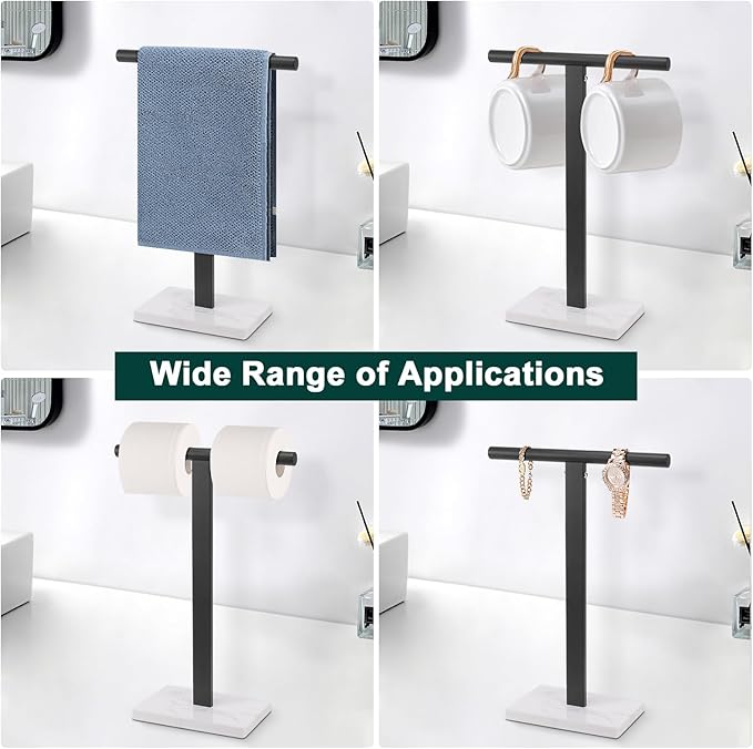 Hand Towel Holder, T-Shape Hand Towel Stand for Bathroom, Hand Towel Rack Bar Standing for Vanity Kitchen Countertop, 304 Stainless Steel, Marble Base (Black)