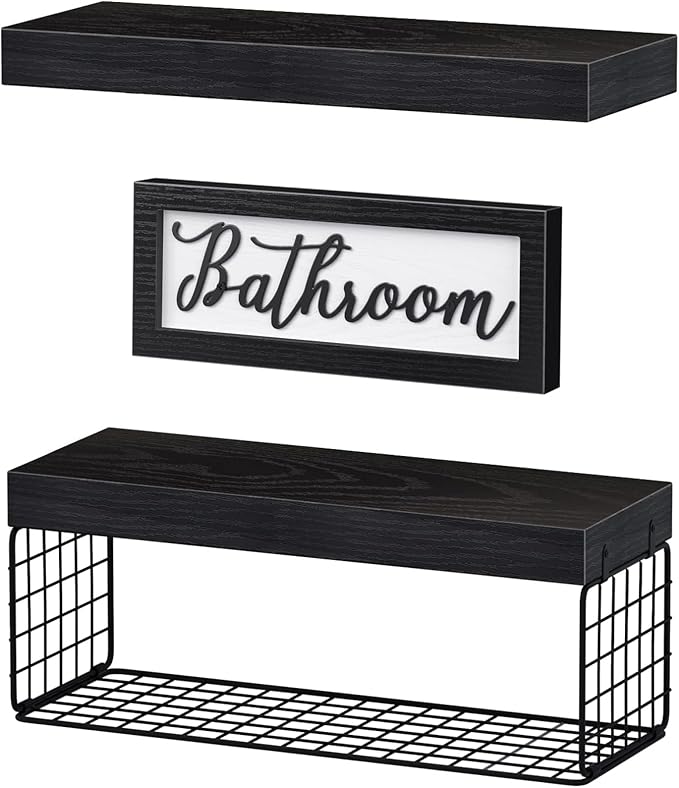 QEEIG ‎Bathroom Shelves Over Toilet - Paper Storage Wall Mounted Farmhouse Decor Decorations Aesthetic Décor Sign Small Floating Shelf 2+1 Set 16 inch, Black (020B)