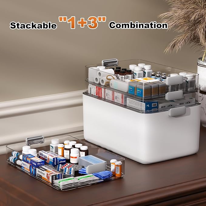 funest 4- Tier Medicine Storage Box Organizer Portable First Aid kit Box Empty with Handle, Multipurpose Medical Supply Organizer with Removable Tray, White