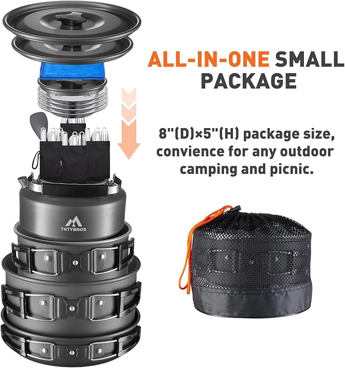 THTYBROS 27Pcs Camping Cookware Set for 4,Pots,Pan,Kettle,Tableware,Camping