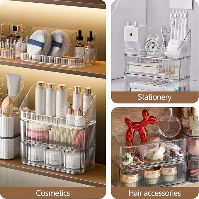 Medicine Cabinet Organizer 3 Tier, Stackable Bathroom Mirror Cabinet Storage，Small Makeup Organizers with 2 Drawer and 1 Tray for Wall Cabinet， Closet， Vanity, Countertop, Clear