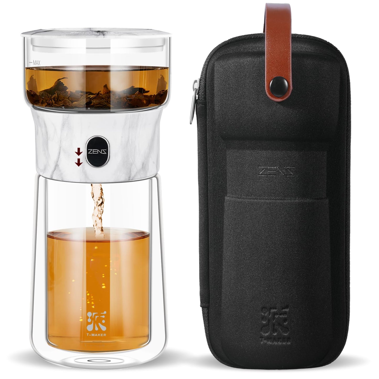 ZENS Glass Tea Infuser Pot, Modern One Touch Tea Maker for Tea Steeping