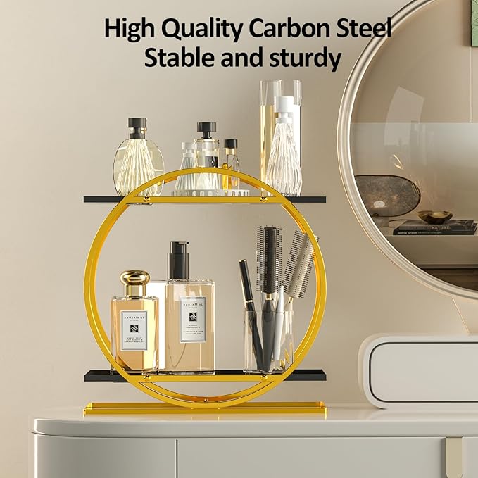 2 Tier Perfume Organizer for Dresser, Black Gold Perfume Makeup Perfume Stand Organizer for Vanity, Cosmetics Ideal Gift for Perfume Lovers - Gold