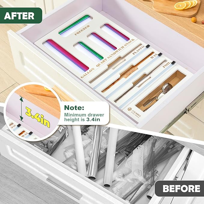 Calmbee Storage Bag Organizer - Foil & Plastic Wrap Organizer with Cutter, Kitchen Storage Compatible with Gallon, Quart, Sandwich, Snack Bags & 12" Aluminum Foil & Wax Paper, White