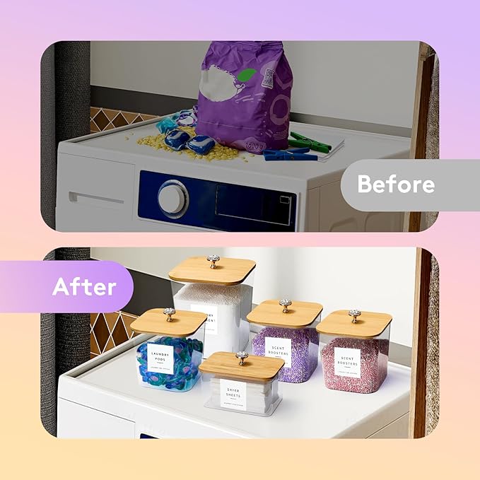 5 Pack Laundry Pod Containers and Dryer Sheet Holder for Laundry Room Organization Acrylic Jars with Lids and Labels for Laundry Detergent Laundry Pods Dry Sheet Organizing