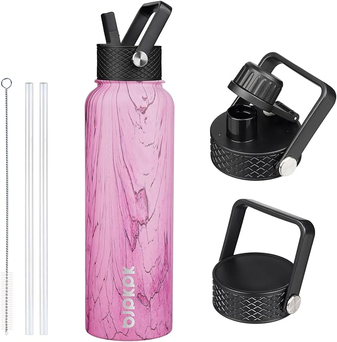 BJPKPK Insulated Water Bottles with Straw Lid, 40oz Stainless Steel Water Bottles with 3 Lids, BPA Free Leakproof Thermo, Tumblers, Cups for Sports, Gym- Wood Pink