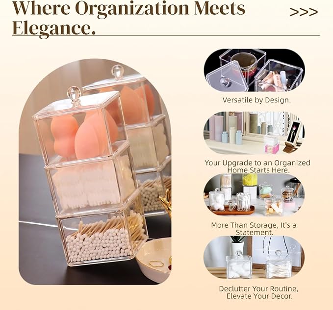 Stackable Square Acrylic Cotton Ball Holder Q-tip Holder Bathroom Swab Dispenser (3-Pack)