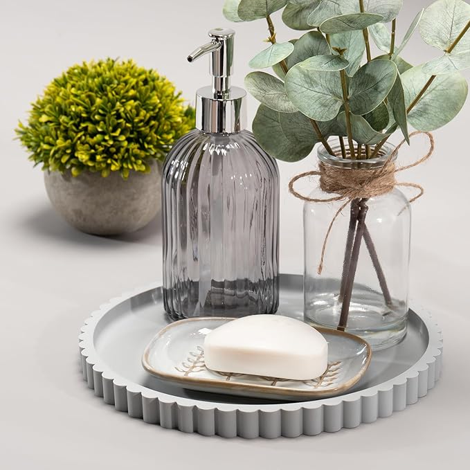 Silicone Bathroom Countertop and Vanity Tray, Round Silicone Bathroom Tray, Modern Bathroom Decor, Coffee Table Decor, Decorative Tray for Candle, Perfume, Plants (Grey, 9 inch)
