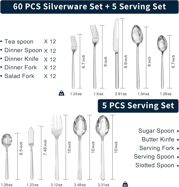 KINGSTONE Silverware Set for 12 with Serving Utensil, 18/10 Stainless Steel Flatware Cutlery | Heavy Duty Steak Knife Fork and Spoon, Dishwasher Safe, Gift Package for Wedding Housewarming