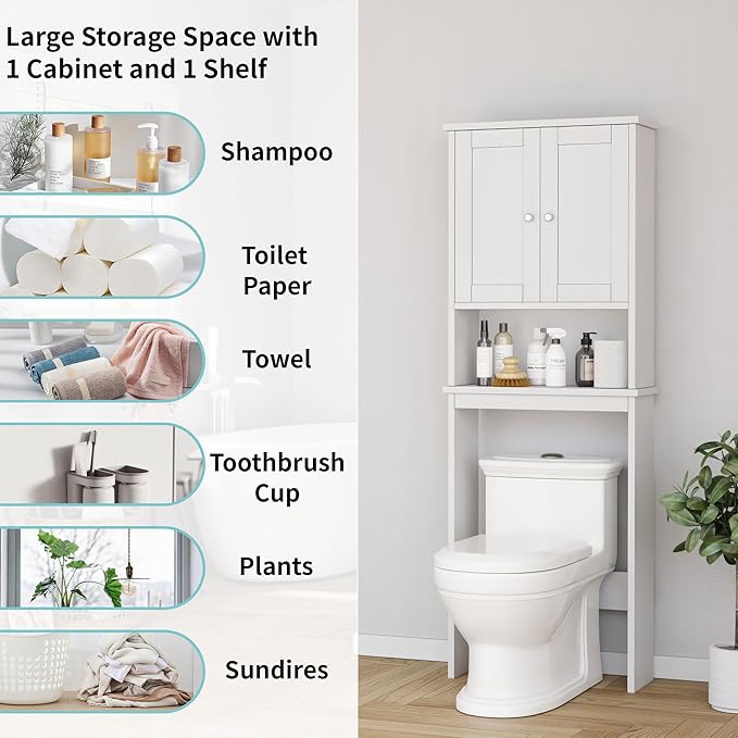 Shintenchi Over The Toilet Storage Cabinet, Bathroom Shelf Organizer with Anti-Tip Device Small Freestanding Space Saver with Adjustable Shelf，White