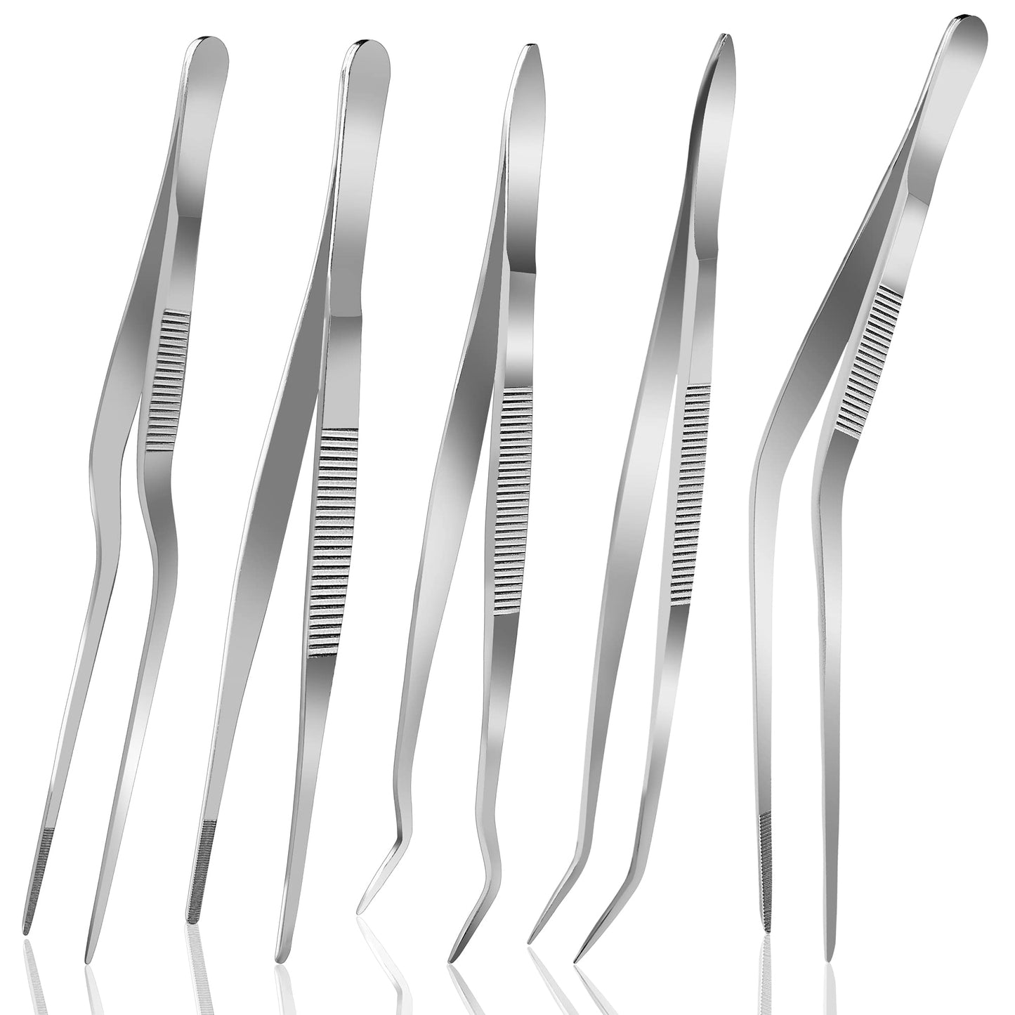 Yokudo 6.3 Inch Food Tweezers Stainless Steel with Precision Serrated Tips, 5PCS Kitchen Tweezers Set for Cooking, Baking, Cookie Cake Decoration, Metal Plating Tweezers