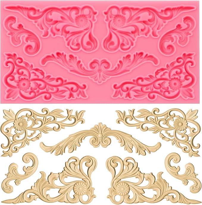 Baroque Decorative Silicone Fondant Mold, Vintage Floral Scroll Pattern, Pink