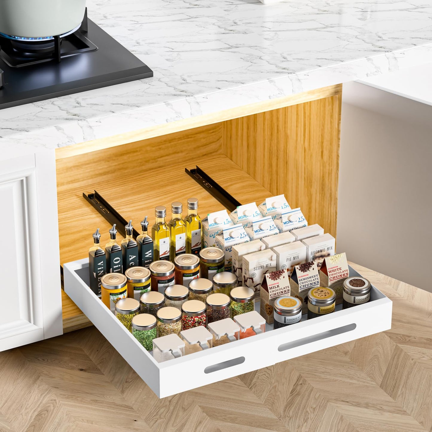 HBL' 2 Pack | 21" Deep Pull Out Cabinet Organizer Adhesive, (13.8" to 22.0") Width Expandable Sturdy Carbon Steel Roll-Out Drawers, Designed for Frameless Cabinets, Slide-Out Shelves for Pantry.