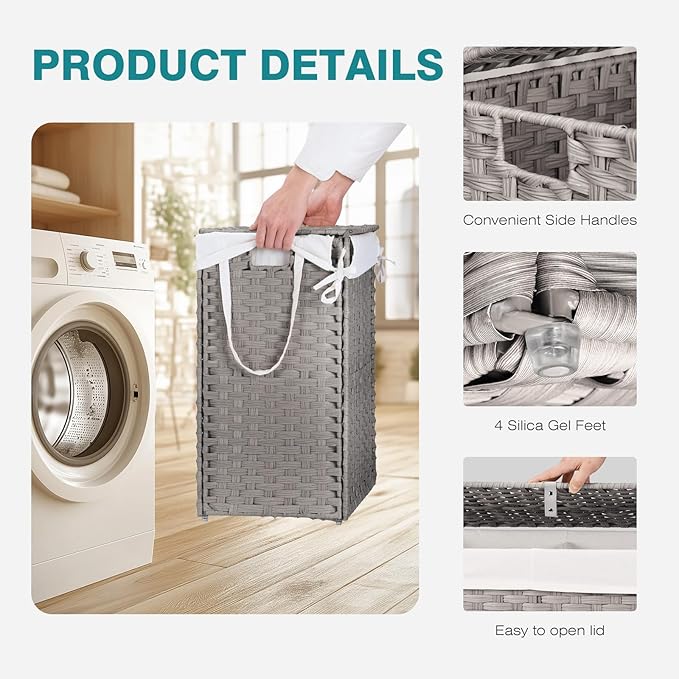 DUMOS Wicker Laundry Basket with Lid, 24 Gallon (91L) Woven Laundry Hamper with Handles, Foldable Rattan Clothes Hamper with Removable Liner & Sturdy Steel Frame, Dove Gray