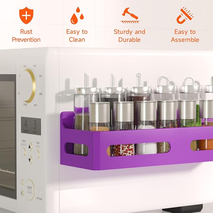 4 Pack Strong Magnetic Spice Rack for Refrigerator, Multipurpose Magnetic Shelf for Fridge with 4 Hooks for kitchen and Bathroom Organization, Purple