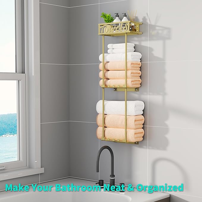 HapiRm Towel Rack Bathroom Storage - 3 Tier Over The Door & Wall Mounted Rolled Towel Racks Holder Organizer with Metal Shelf and 6 Hooks for Small Bathroom, Camper, Rv - Gold