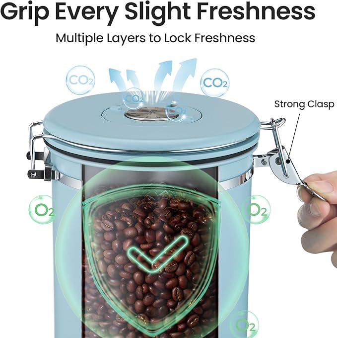 Veken Coffee Canister, 39OZ Large, Airtight Stainless Steel Food Storage Container for 2.2lbs Coffee Beans, Ground, Sugar, Tea, Cookie, Flour, Kitchen Bar Accessories with Date Tracker & Scoop, Blue