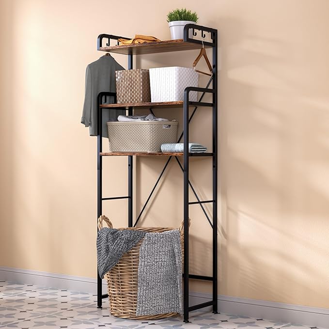 Over The Toilet Storage Rack with 3-Tier Bathroom Shelves, Space Saver Toilet Shelf, Bathroom Storage Organizer with Hooks for Over Toilet Storage and Shelf (Rustic Brown)
