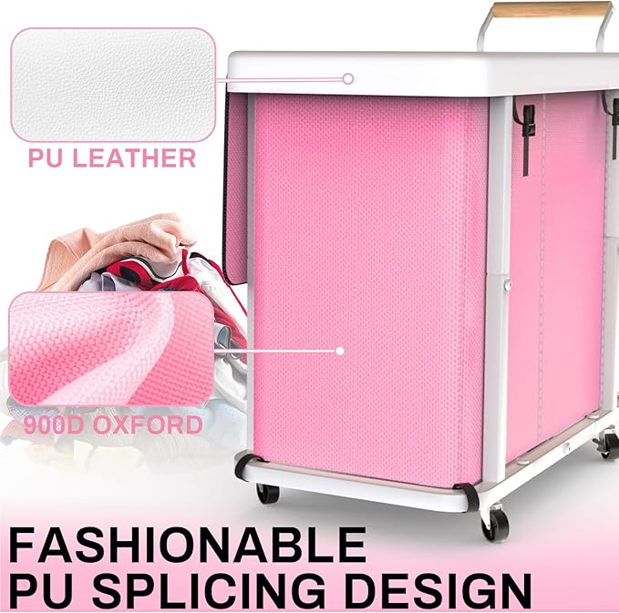 230L (60 Gal) Extra Large Fashion Laundry Sorter 3 Section with Lid, Rolling Laundry Basket Hamper with Handle, Laundry Organizer Storage Cart with Sturdy Metal Frame for Laundry Room,Hotel,Pink