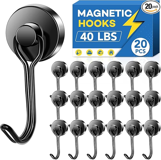 LOVIMAG Hooks, 40lbs+ Magnetic Magnet Hook 2026 Cruise Cabin Ship Essentials Heavy Duty Strong Refrigerator Fridge Hanging for Classroom Beach Vacation Kitchen Grills Home Mug Hanger (20 Pack), Black
