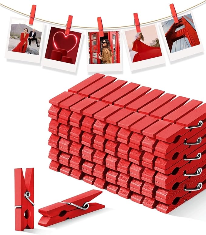 Mini Clothes Pins Wooden Colored Small Clothespins for Photo 1.4 Inch 50 PCS Red, Tiny Clips Close Pin for Baby Shower Classroom Crafts Project Decorations Hanging Pegs