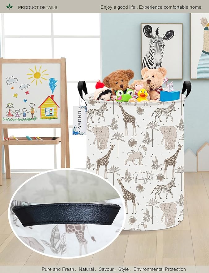 Round waterproof laundry basket,foldable storage basket,laundry Hampers with handle,gift basket,suitable for children's room and toy storage (Animals)
