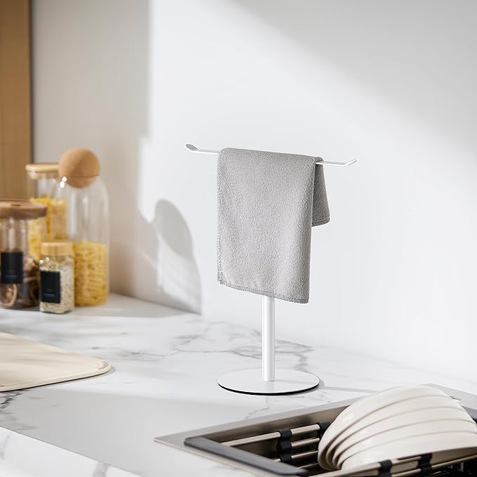 White Hand Towel Holder Stand – Countertop T-Shaped Stainless Steel Towel Rack with Non-Slip Base for Vanity and Kitchen