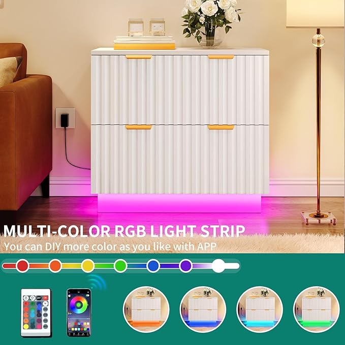 YITAHOME 2 Drawer File Cabinet with Led Light, Modern Filing Cabinet, Large Lateral File Cabinet for Home Office, White