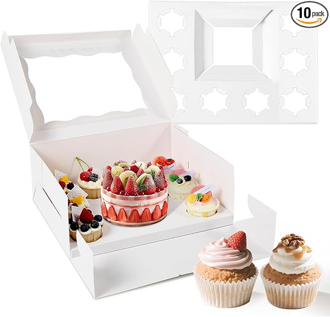 CHENZEM 10 Packs Bento Cake and Cupcake Box 3 Holes Fit 2 Cupcakes and 1 Mini Cake Box with Clear Window and Stickers for Father ‘s Day Birthday Party Bakery Baking Supplies. (1+2/10pcs)