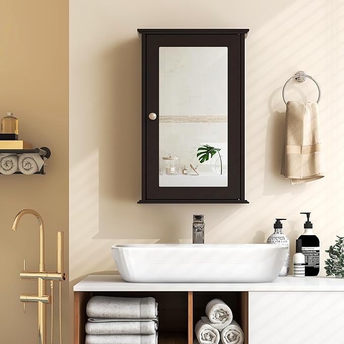 Tangkula Bathroom Medicine Cabinet with Mirror, Wall Mounted Single Mirror Door Storage Cabinet w/Adjustable Shelf, Wall Cabinet w/Reversible Door for Bathroom Living Room Hallway (Brown)