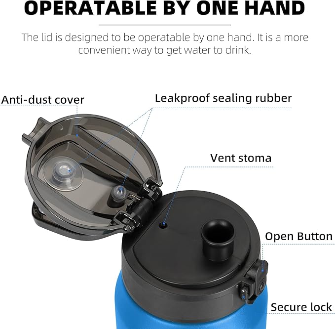 Fanhaw 24 oz Insulated Stainless Steel Water Bottle with Anti-Dust Chug Lid, Leakproof Vacuum Metal Bottle for Kids, Women & Men (Sky Blue)