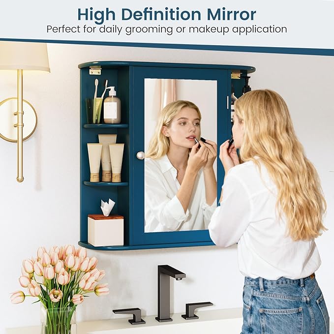Tangkula Bathroom Medicine Cabinet with Mirror, Wall Mounted Home Storage with Door & 6 Open Shelves, Adjustable Shelves, Mirrored Bathroom Wall Cabinet (Blue)