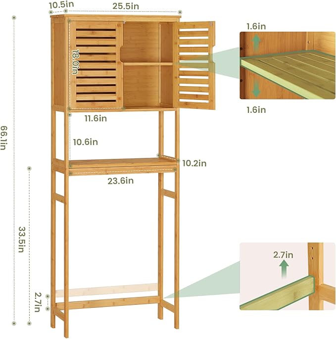 VIAGDO Over The Toilet Storage Cabinet, Tall Bathroom Cabinet Organizer with Cupboard and Adjustable Shelves, Freestanding Toilet Shelf Space Saver Rack Stand for Laundry Room, Balcony, Bamboo
