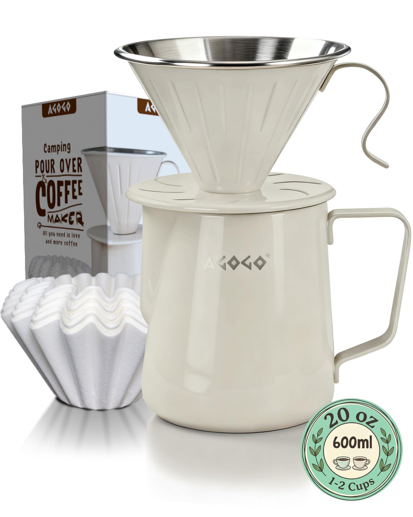 AGOGO Stainless Pour Over Coffee Maker Set, 50 Paper Filters, 20oz, Black