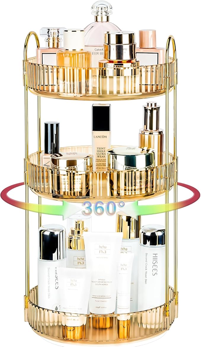 360 Rotating Makeup Organizer - Large Capacity Spinning Perfume & Cosmetic Skincare Holder for Vanity & Countertop (Vibrant Orange, 3 Tier)