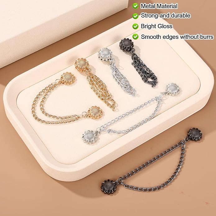 6pcs Magnetic Clothing Clips with Chain, Multi-Function Magnet Button Pins Hijab Cuff Clips for Fixing Hem of Clothes Long Pants Legs Sleeves of Shirts