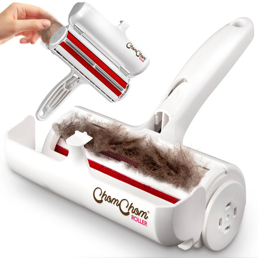 ChomChom Roller Pet Hair Remover and Reusable Lint Roller - Cat and Dog Hair Remover for Furniture, Couch, Carpet, Clothing and Bedding - Portable, Multi-Surface Fur Removal Tool (White)
