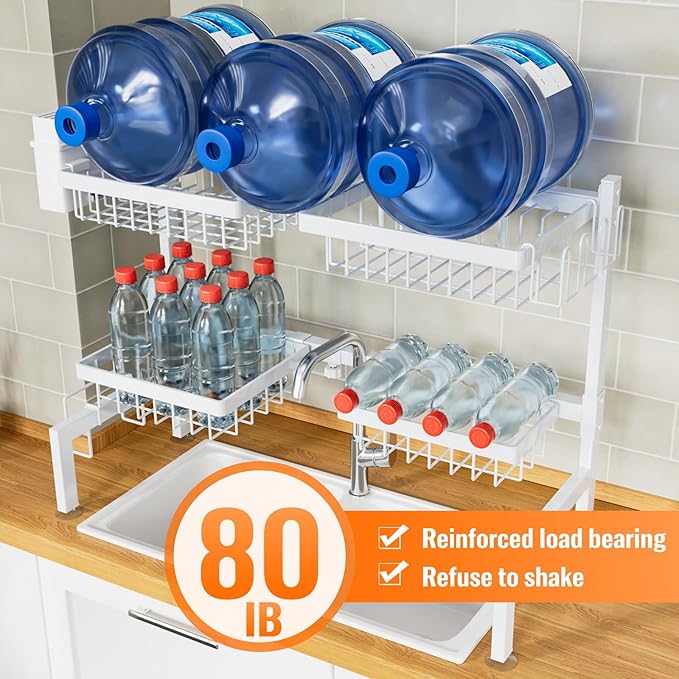 YKLSLH Over Sink Dish Drying Rack, Expandable Large Drying Rack, Suitable for Most Sinks (24.8"-35.4"), Adjustable Metal Rack, Space Saving, White