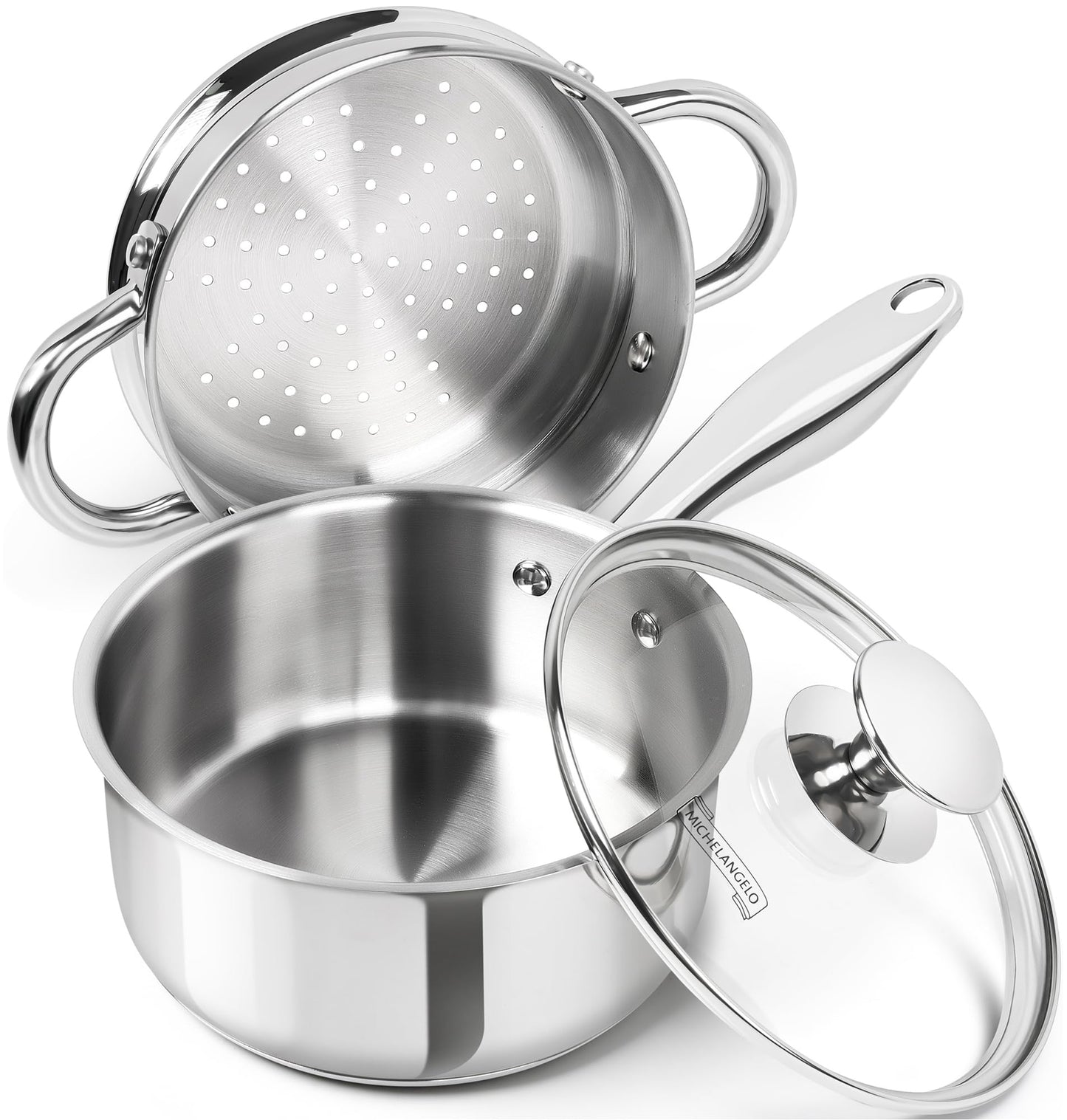 MICHELANGELO 3 Quart Saucepan with Lid & Steamer, Stainless Steel Sauce Pan with Triply Bottom, 3 QT Sauce Pot, Nonstick Saucepan Induction Compatible